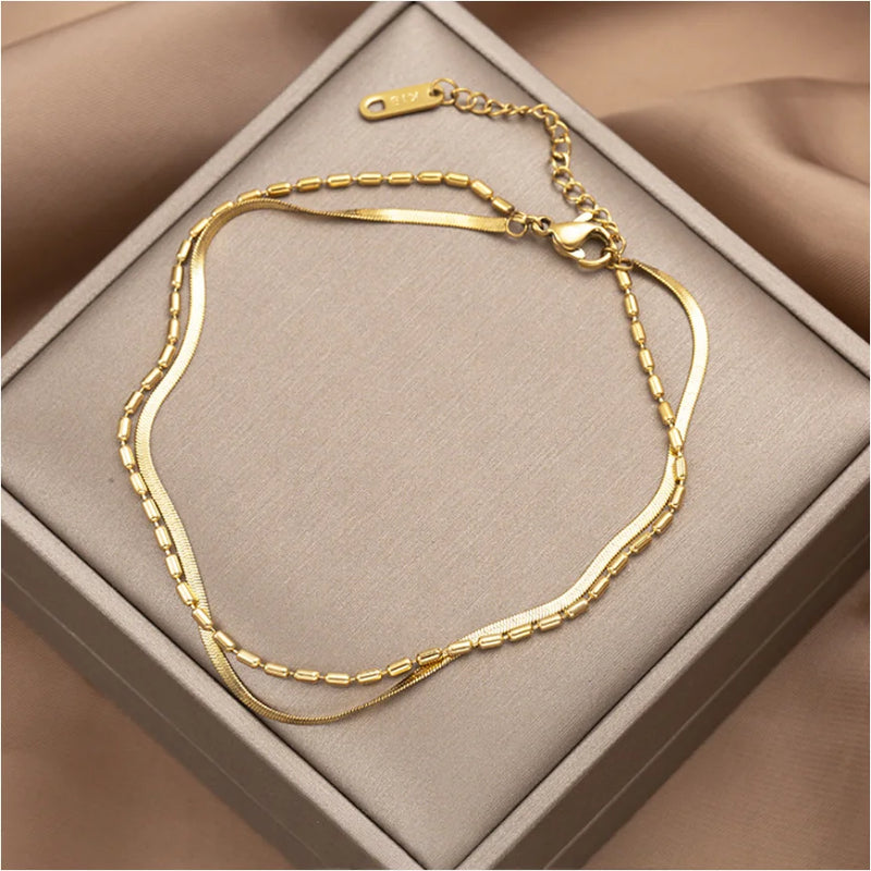 316L Stainless Steel 2 Layer Beaded Choker Snake Bone Chains Anklets