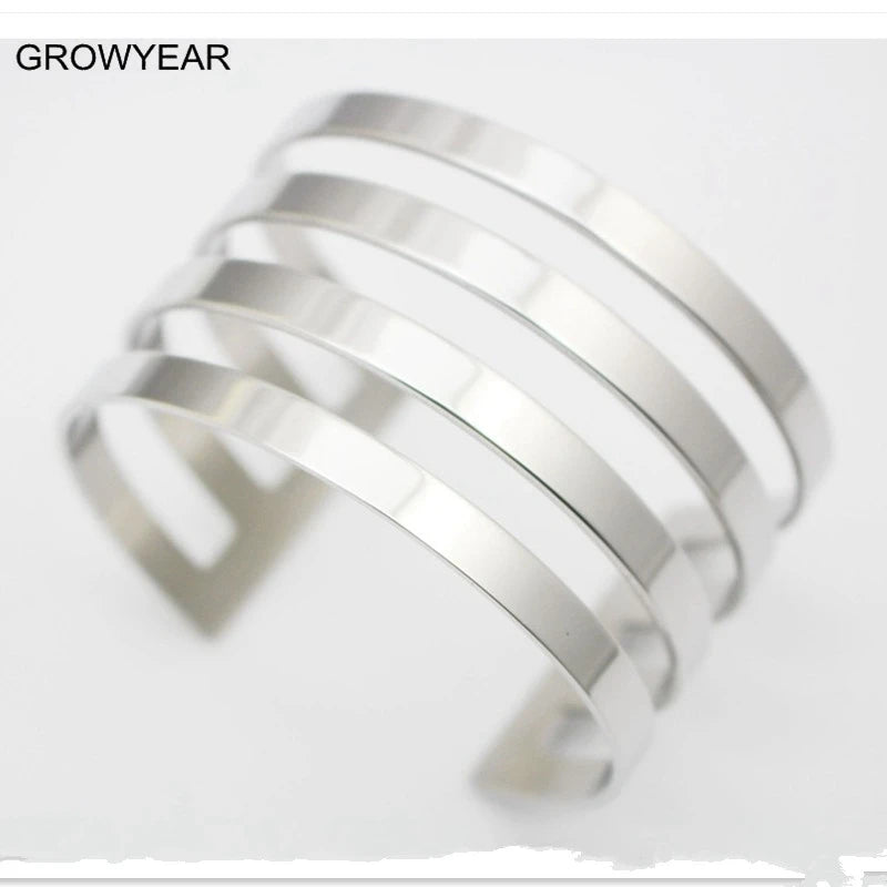 316L Stainless Steel Stripe Bangle Women Silver Wide Hollow Open Bracelet Bangle