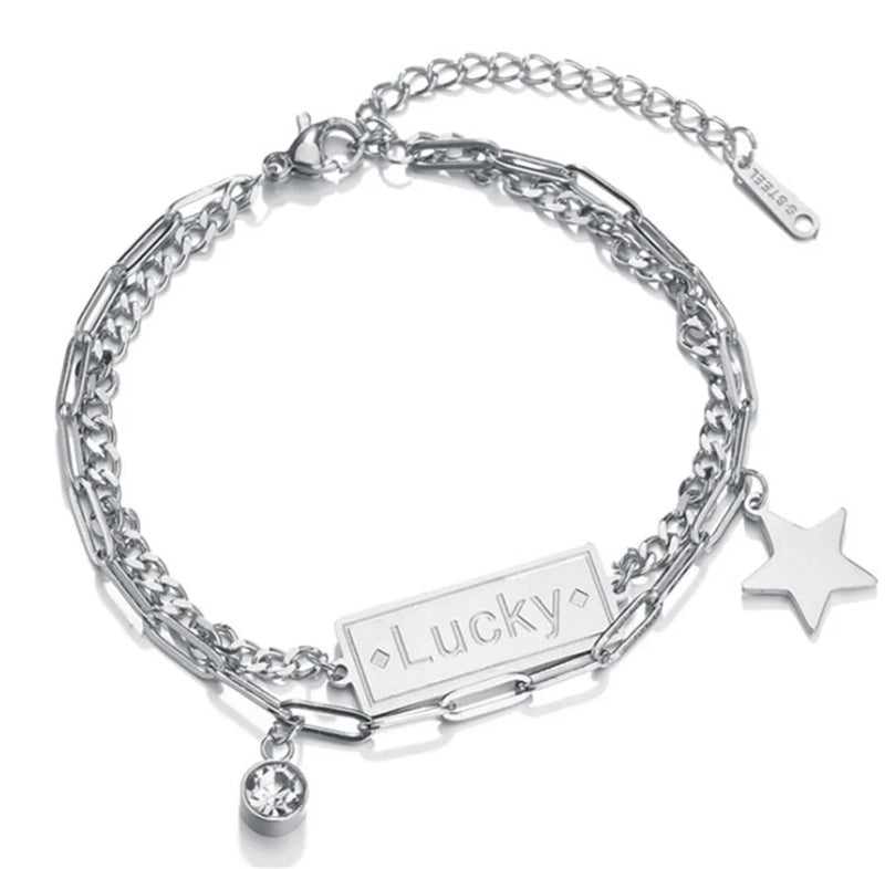316L Stainless Steel Double Layer Long Pin Lucky Letter Chain