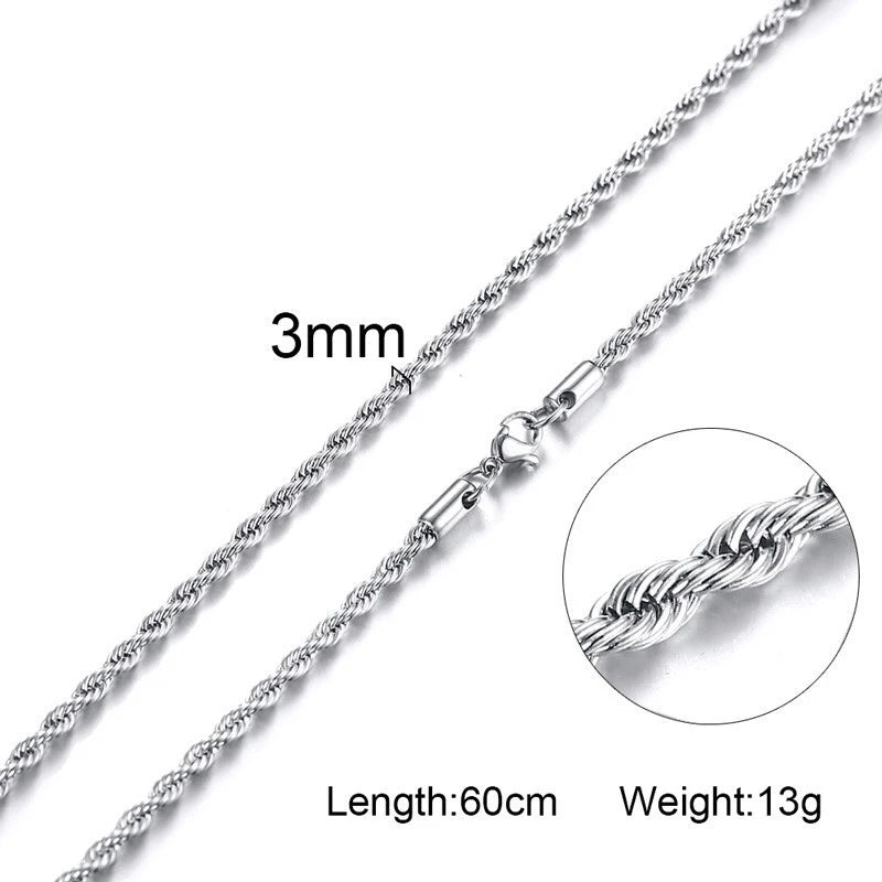 316L Stainless Steel Rope Chain Necklace 20-24inch
