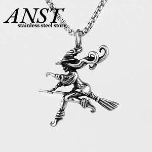 316L Stainless Steel Witch On Broomstick Halloween Charm Pendant