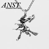 316L Stainless Steel Witch On Broomstick Halloween Charm Pendant