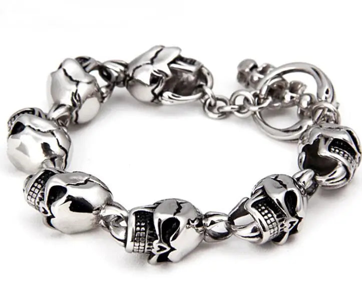 316L Stainless Steel Skull Biker Bracelet 8.26''