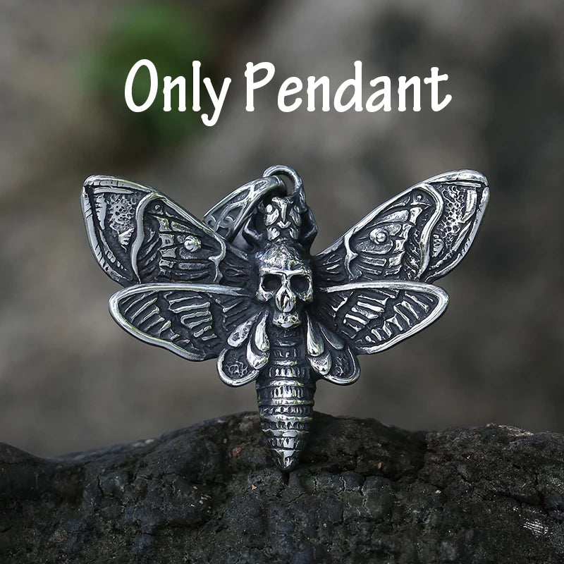 316L SS Death Head Skull Butterfly Moth Hanger Necklace Men's Punk Jewelry