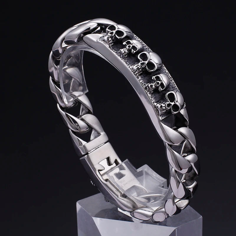 Heavy 316L Stainless Steel Skull Skeleton Chain Bracelet Bangle Mens 8.66''