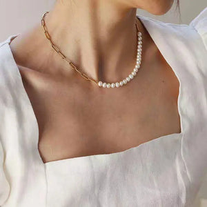 316L Stainless Steel Pearl Pendant Thick Chain Necklace for Women