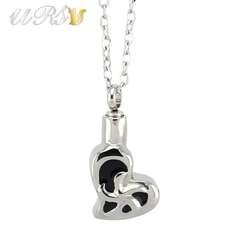 Stereo Crooked Heart Urn Cremation Pendant Necklace with O-shaped Chain