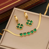 316LStainless Steel Green Zircon Pendant Flower Women's Necklace Jewelry Set