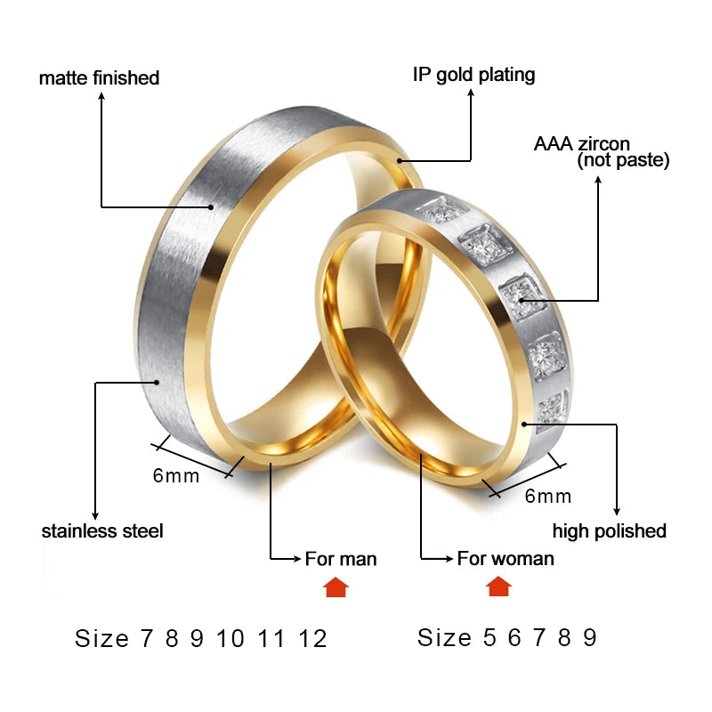 316L Stainless Steel Gold-color Wedding Engagement Rings Size