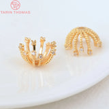 4PCS 13MM Hole 1MM 24K Brass Zircon Flower Bead Caps High Jewelry