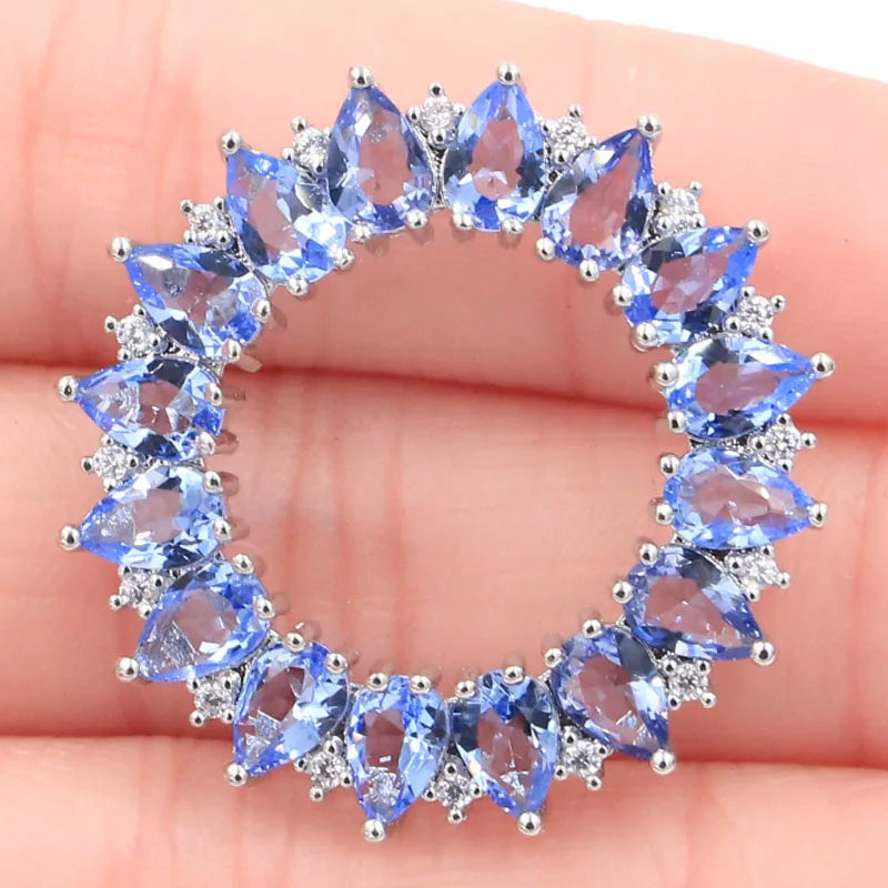 Big European Round Tanzanite Pink Tourmaline CZ Silver Pendant