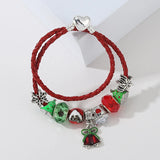 Xmas Woman's Charm Bracelet Leather Chain Santa Claus Bells Beads