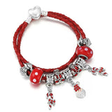 Xmas Woman's Charm Bracelet Leather Chain Santa Claus Bells Beads