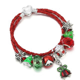 Xmas Woman's Charm Bracelet Leather Chain Santa Claus Bells Beads