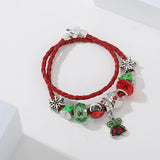 Xmas Woman's Charm Bracelet Leather Chain Santa Claus Bells Beads