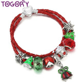 Xmas Woman's Charm Bracelet Leather Chain Santa Claus Bells Beads