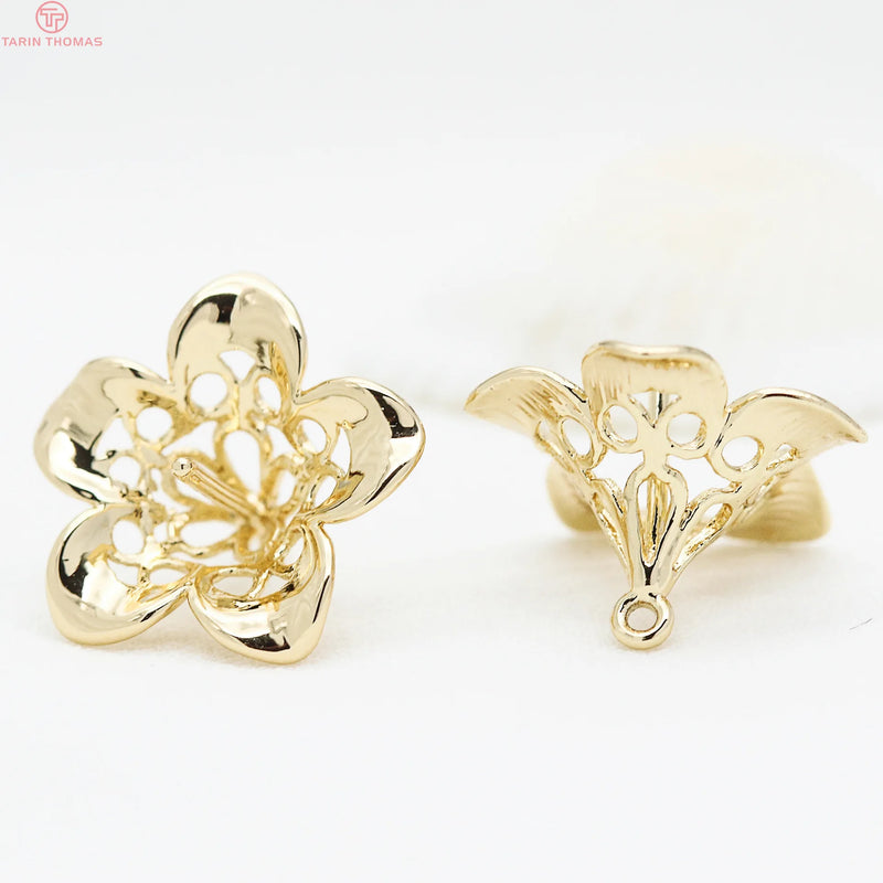 4PCS 15MM 24K Plated Brass Flower Beads Caps Tassel Caps Earrings Accessories