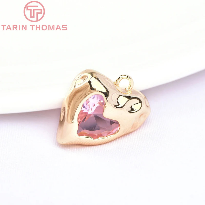 2PCS 13.5x17MM 24K Brass Zircon Heart Charms Pendants for DIY Jewelry