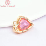 2PCS 13.5x17MM 24K Brass Zircon Heart Charms Pendants for DIY Jewelry