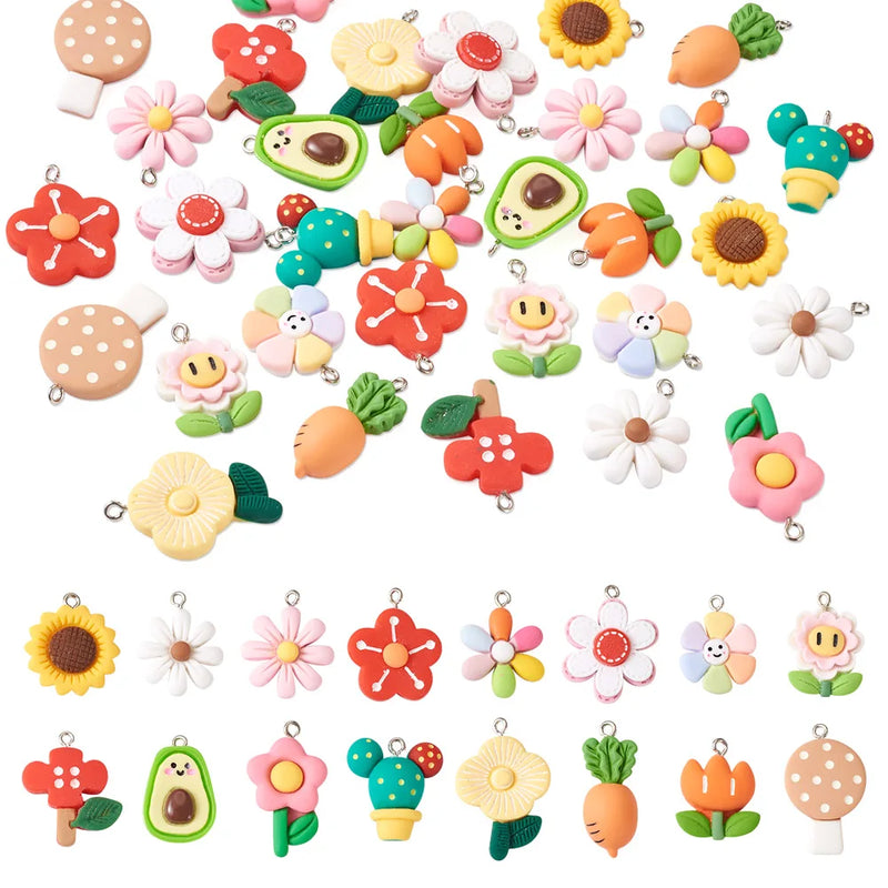 32pcs Resin Pendants Flower Cactus Sunflower Mushroom Carrot