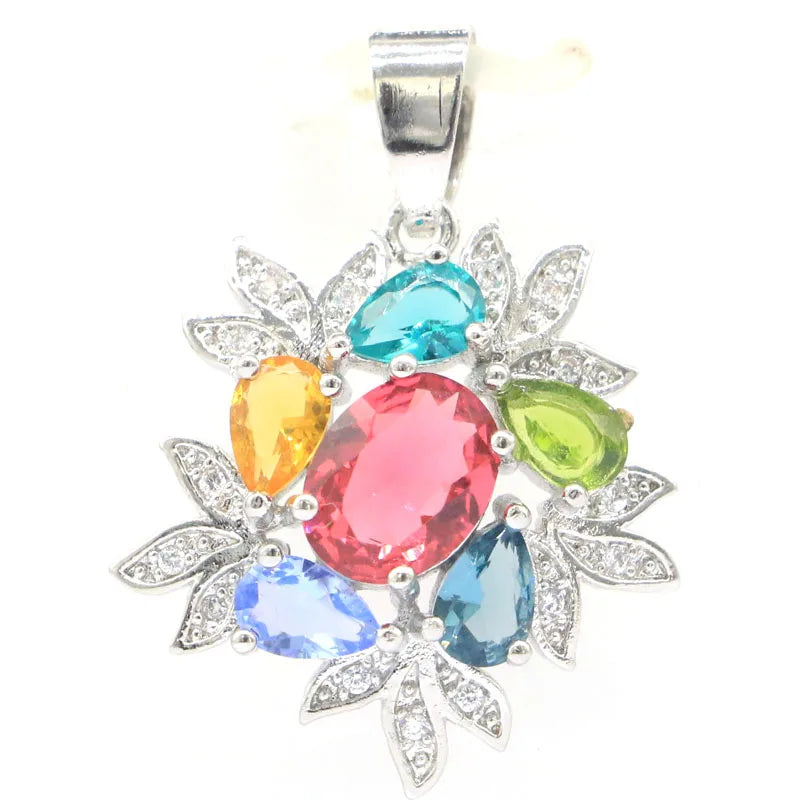 Aquamarine Green Peridot Rhodolite Garnet CZ Silver Pendant