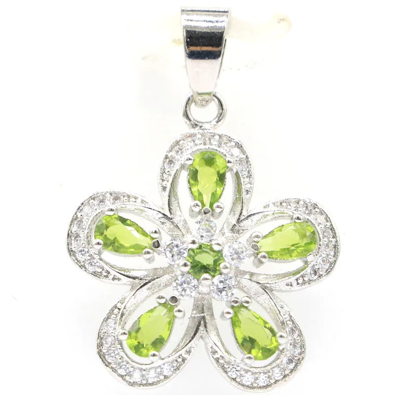 Pretty Flowers Green Peridot Aquamarine CZ Silver Pendant