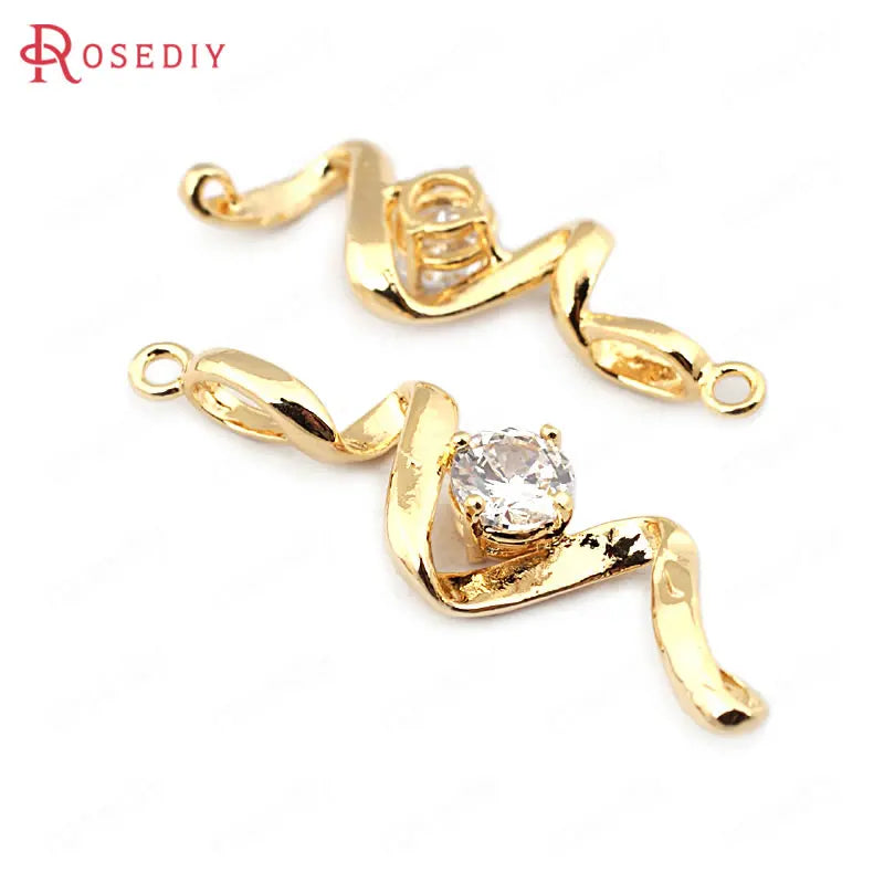 6PCS 32*11MM 24K Brass Zircon Snake Charms Pendants Jewelry Findings