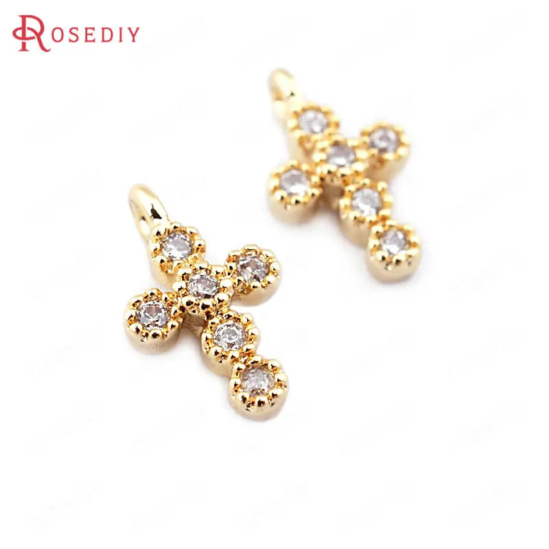 6PCS 10*6MM 24K Brass Zircon Cross Charms Pendants DIY Jewelry Findings