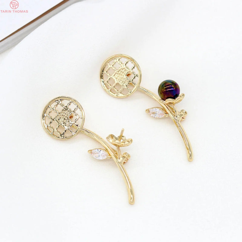 2PCS 18x48MM 24K Plated Brass Zircon Tree Branch Brooch DIY Jewelry