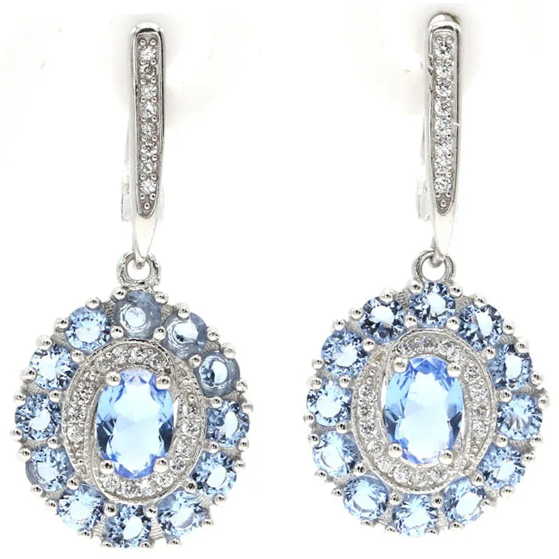 Created Aquamarine Pink Tourmaline Tanzanite CZ 925 Silver Earrings