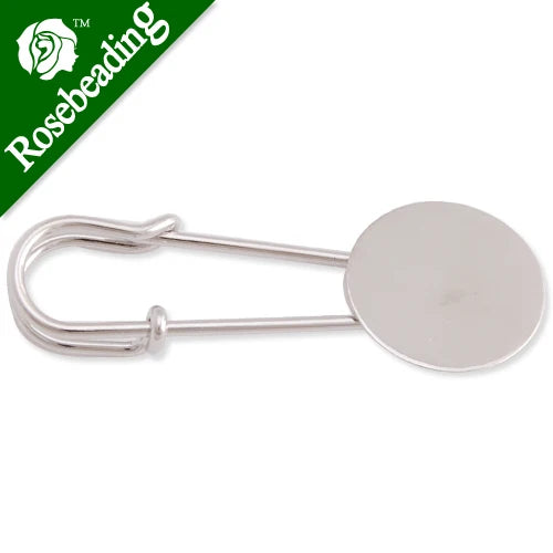 Rhodium Plated Copper Flat Brooch, 15mm Round Base, Pack of 50