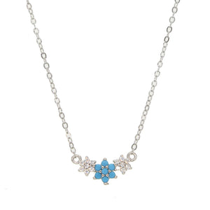 925 Silver Flower Pendant Necklace with Turquoise Stone and CZs