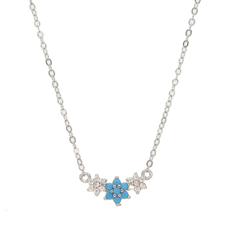 925 Silver Flower Pendant Necklace with Turquoise Stone and CZs