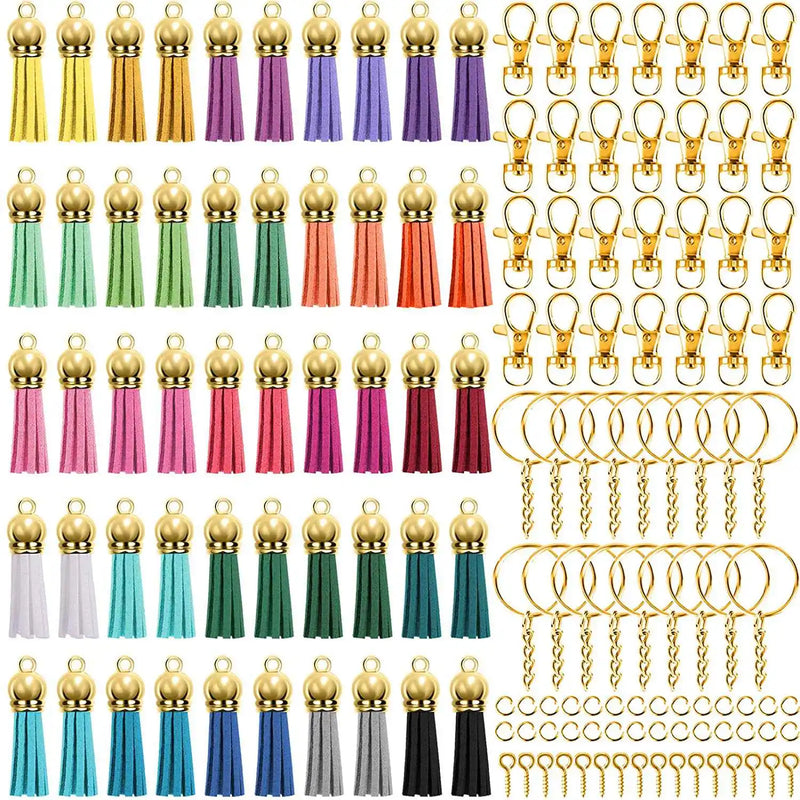 350 Pcs Keychain Tassels Set with 50 Pcs Cap, 50 Pcs Hook for Jewelry Making