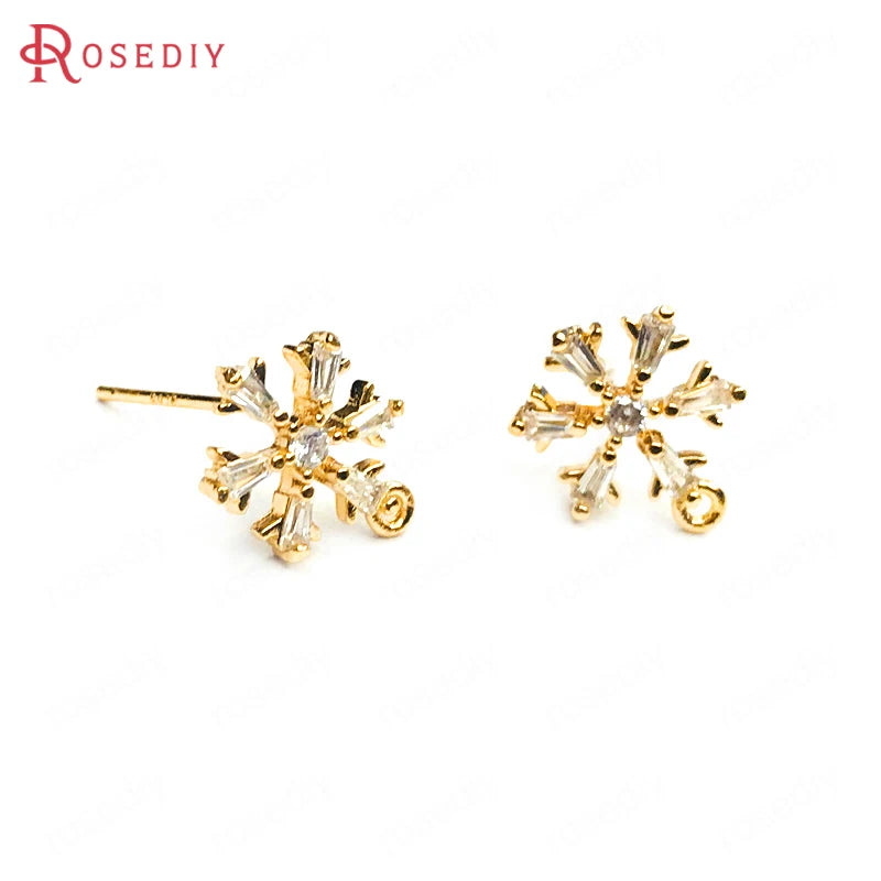 4PCS 9.5MM 24K Brass Zircon Snowflake Stud Earrings DIY Accessories