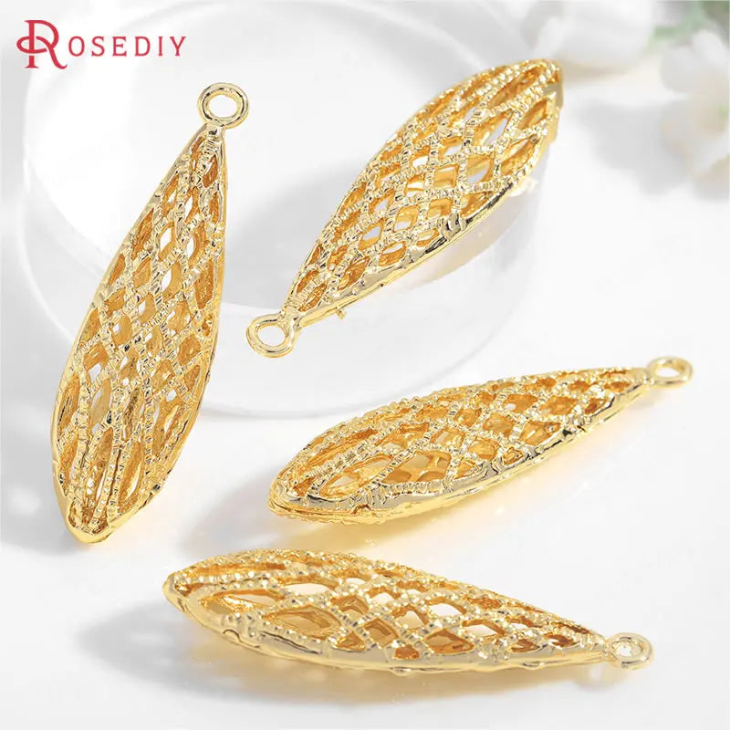 6PCS 10x36MM 24K Brass Hollow Drop Shape Charms Pendants DIY Jewelry Findings