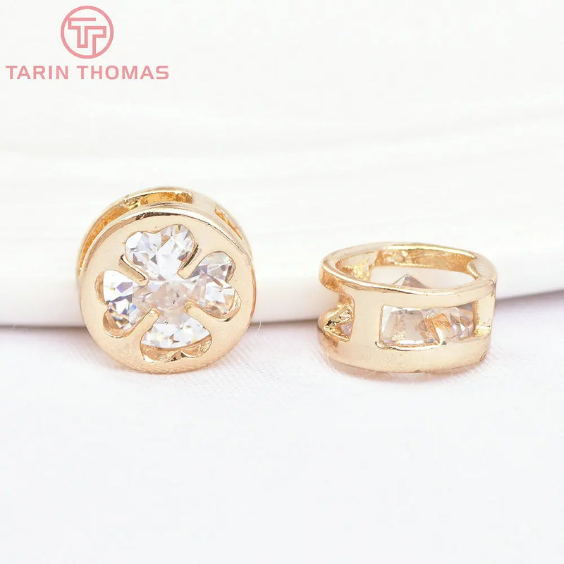 6PCS 8MM 24K Plated Round Clover Spacer Beads with Zircon