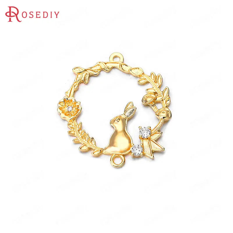 4PCS 24K Brass Zircon Rabbit Flower Charms Pendants