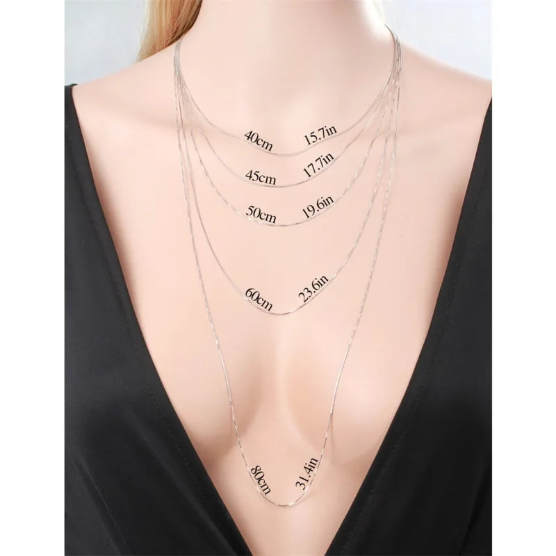 35cm-80cm 925 Sterling Silver Thin Link Box Chain Necklace Women Jewelry