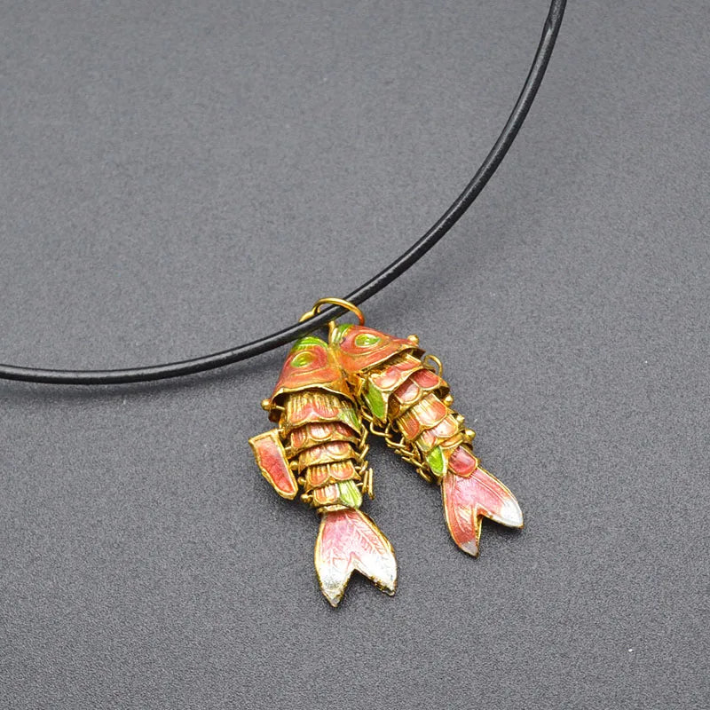 Cloisonne Double Carp Fish Pendant Leather Chains Necklace