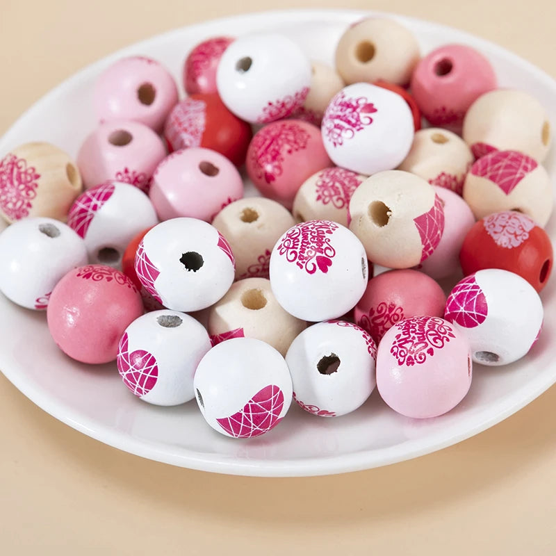 35pcs Mixed Love Heart Print Wood Bead DIY Bracelet Keychain Jewelry Making