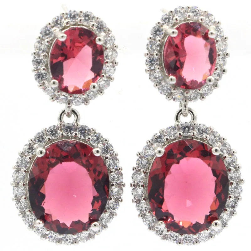 Stunning Pink Tourmaline Aquamarine CZ Silver Earrings Drop