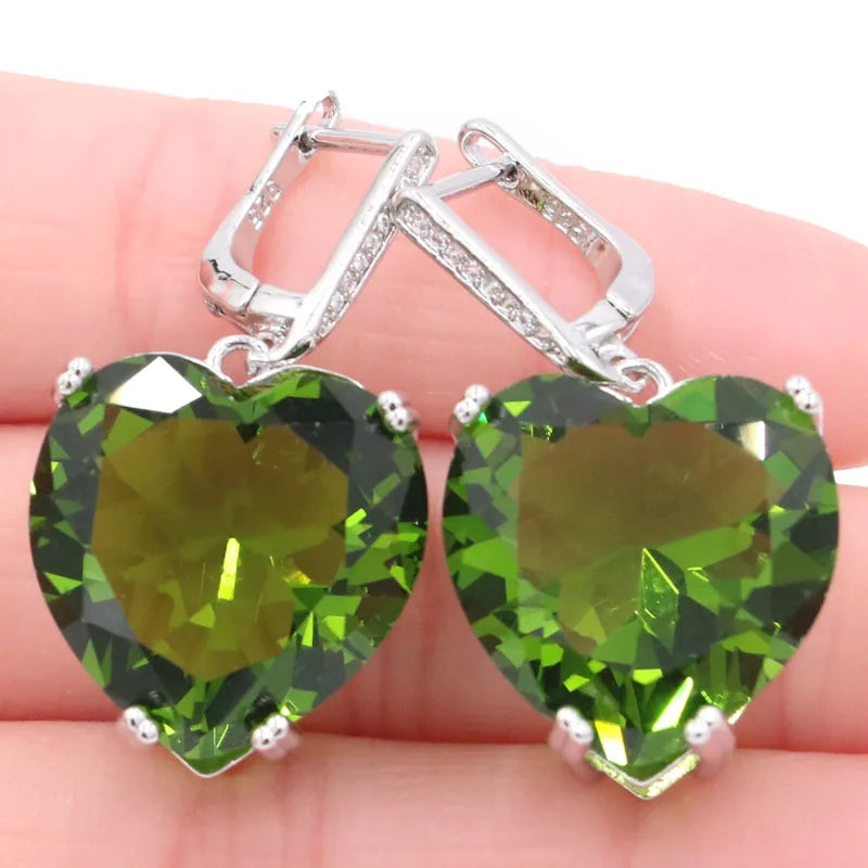 Heart Gemstone Green Peridot CZ Sterling Silver Earrings