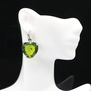 Heart Gemstone Green Peridot CZ Sterling Silver Earrings