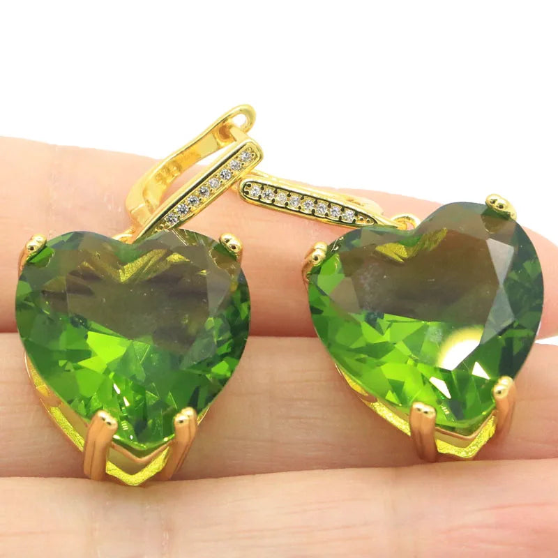Heart Gemstone Peridot CZ Silver Earrings Drop