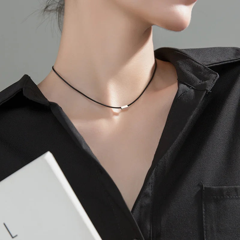 Women's Silver 925 Chain Necklace with Square Pendant Choker