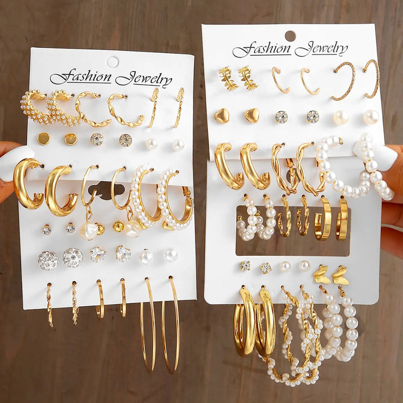 36 Pairs Gold Pearl-Hoop Earrings Set Vintage Circle Twist Women Girls Jewelry