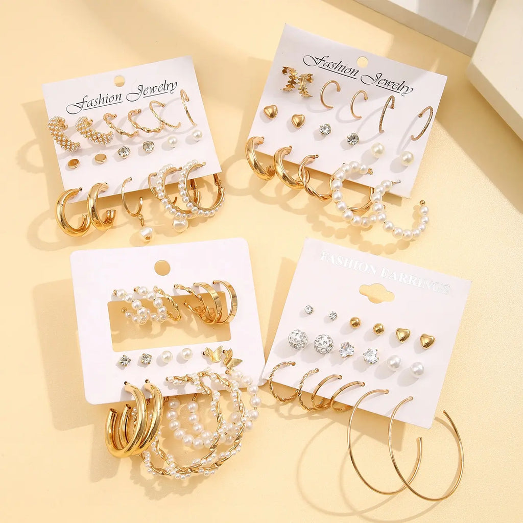 36 Pairs Gold Pearl-Hoop Earrings Set Vintage Circle Twist Women Girls Jewelry