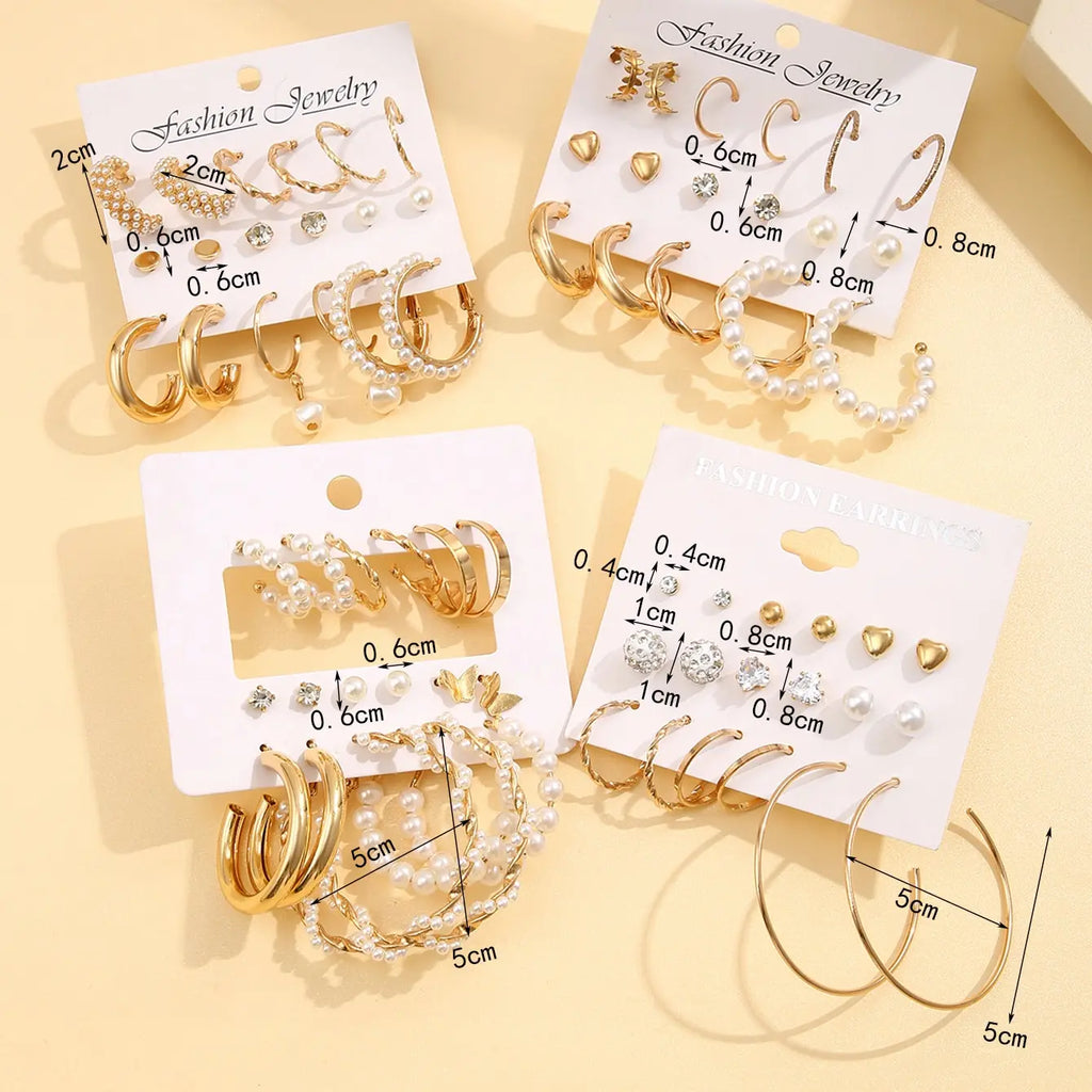 36 Pairs Gold Pearl-Hoop Earrings Set Vintage Circle Twist Women Girls Jewelry