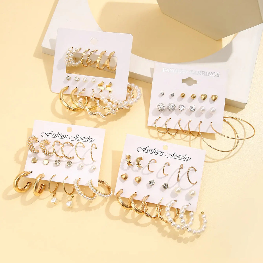 36 Pairs Gold Pearl-Hoop Earrings Set Vintage Circle Twist Women Girls Jewelry